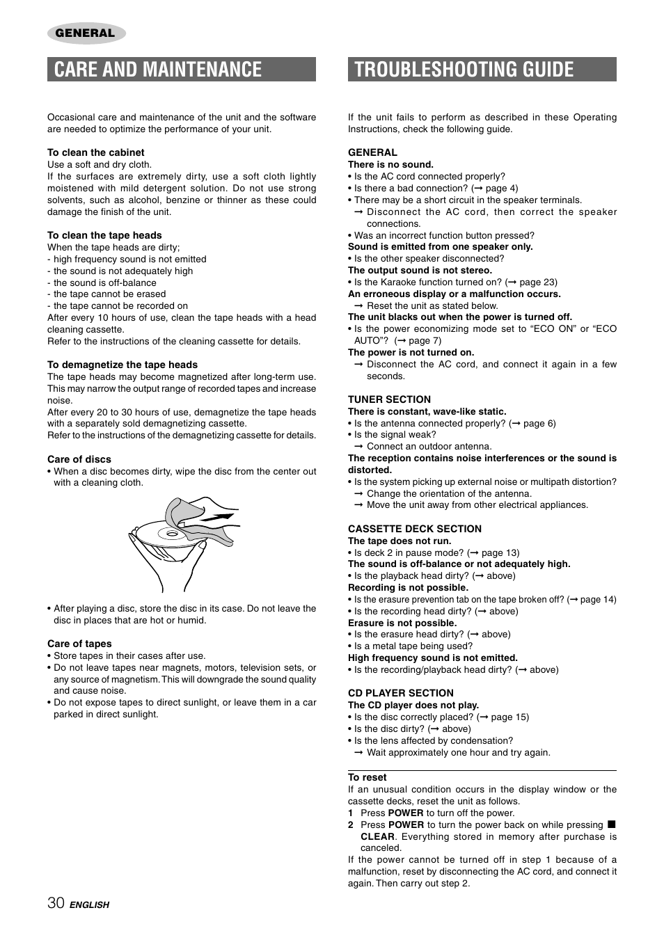 Care and maintenance, Troubleshooting guide | Aiwa CX-NHMT75 User Manual | Page 30 / 92