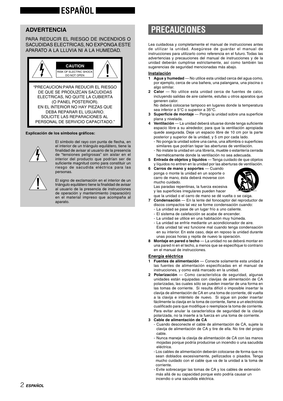 Precauciones, Español, Advertencia | Aiwa CX-NHMT75 User Manual | Page 33 / 92