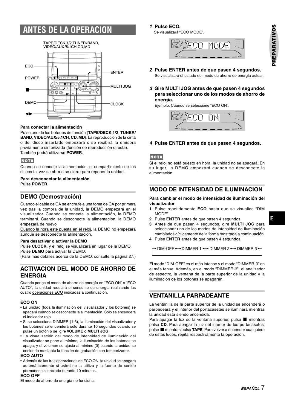 Antes de la operacion, Demo (demostración), Activacion del modo de ahorro de energia | Modo de intensidad de iluminacion, Ventanilla parpadeante | Aiwa CX-NHMT75 User Manual | Page 38 / 92