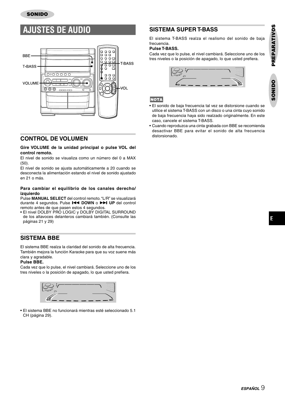 Ajustes de audio, Control de volumen, Sistema bbe | Sistema super t-bass | Aiwa CX-NHMT75 User Manual | Page 40 / 92