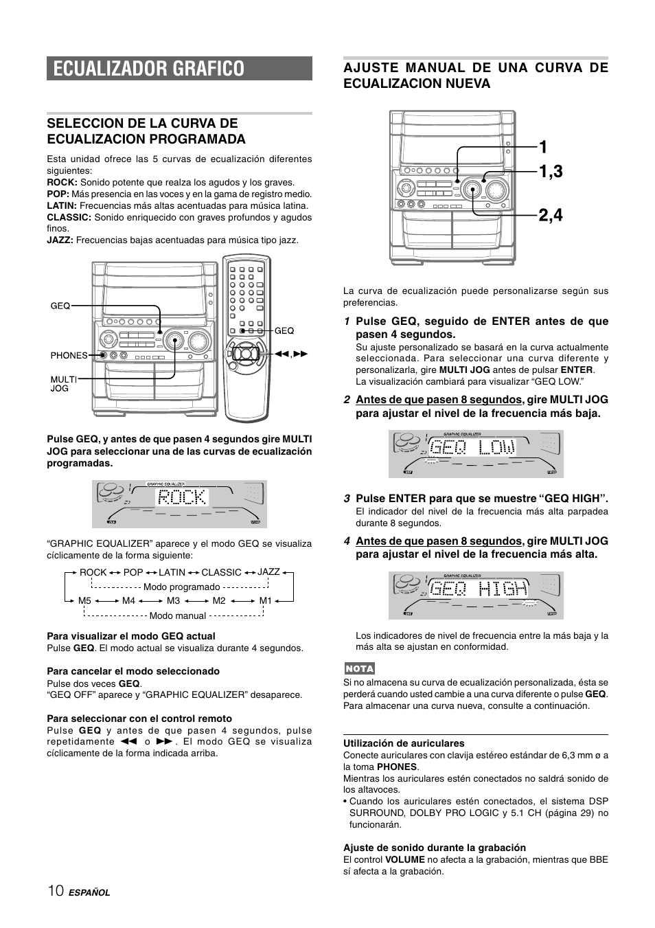 Ecualizador grafico, Ajuste manual de una curva de ecualizacion nueva, Seleccion de la curva de ecualizacion programada | Aiwa CX-NHMT75 User Manual | Page 41 / 92