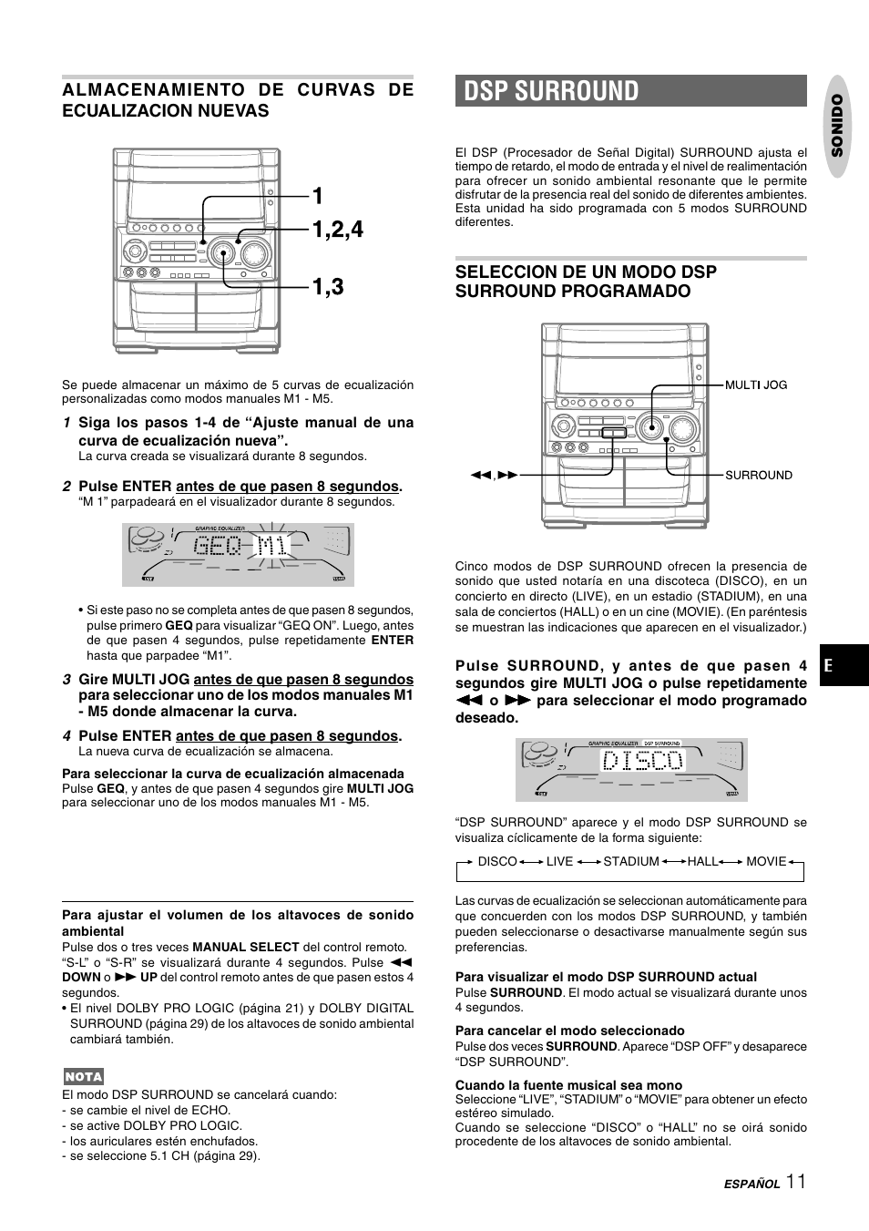 Dsp surround, Ealmacenamiento de curvas de ecualizacion nuevas, Seleccion de un modo dsp surround programado | Aiwa CX-NHMT75 User Manual | Page 42 / 92