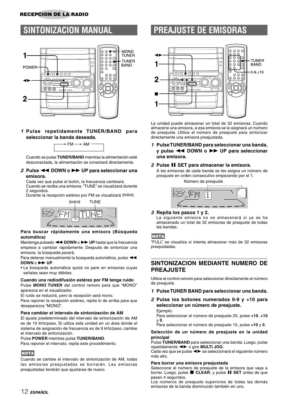 Preajuste de emisoras, Sintonizacion manual, Sintonizacion mediante numero de preajuste | Aiwa CX-NHMT75 User Manual | Page 43 / 92