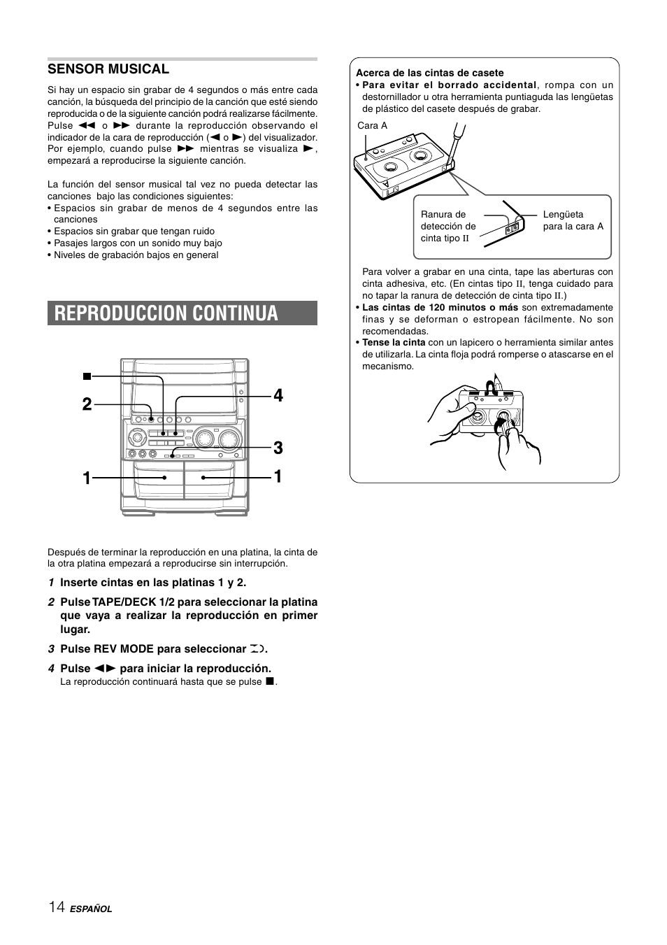 Reproduccion continua, Sensor musical | Aiwa CX-NHMT75 User Manual | Page 45 / 92