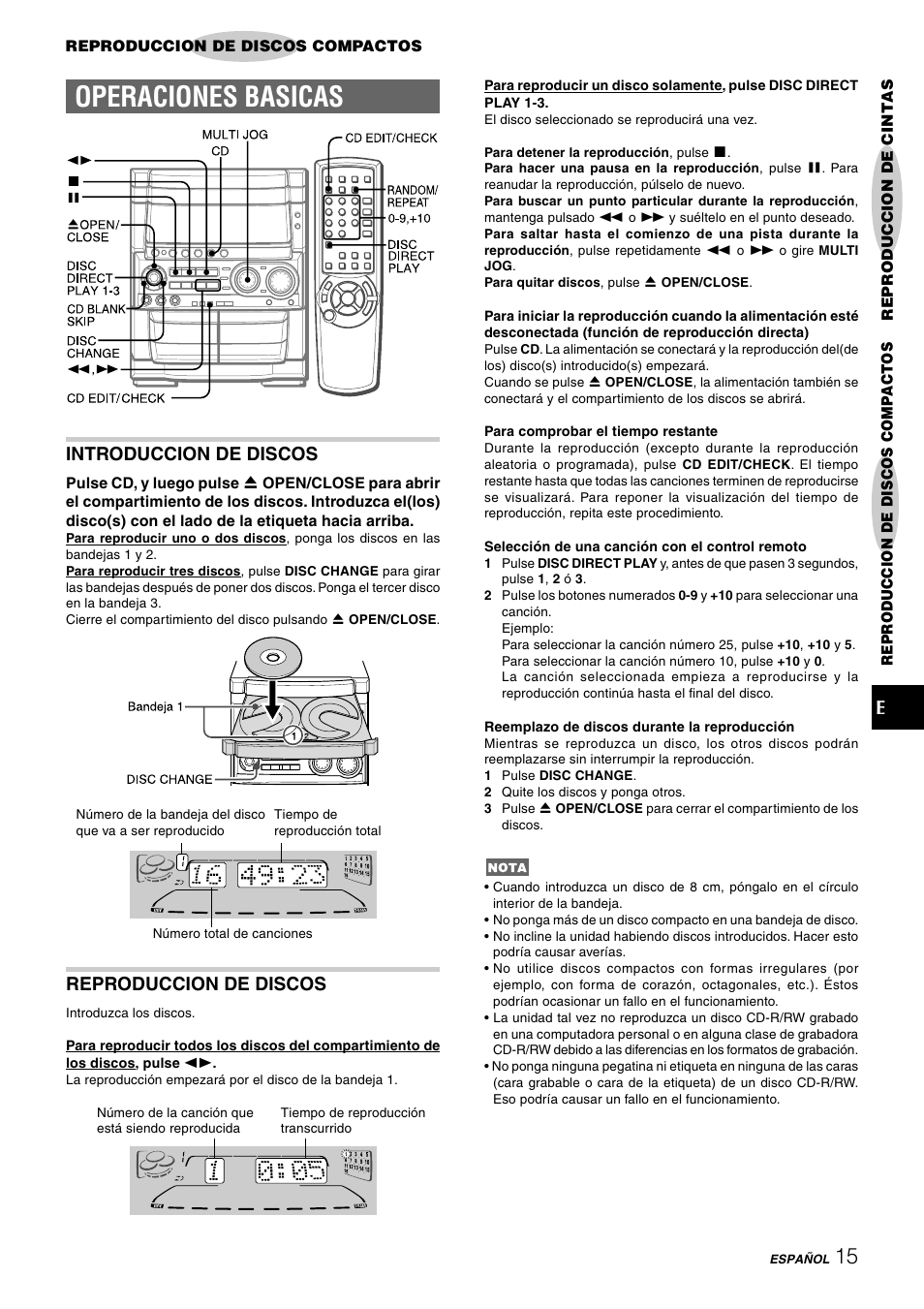 Operaciones basicas, Introduccion de discos, Reproduccion de discos | Aiwa CX-NHMT75 User Manual | Page 46 / 92