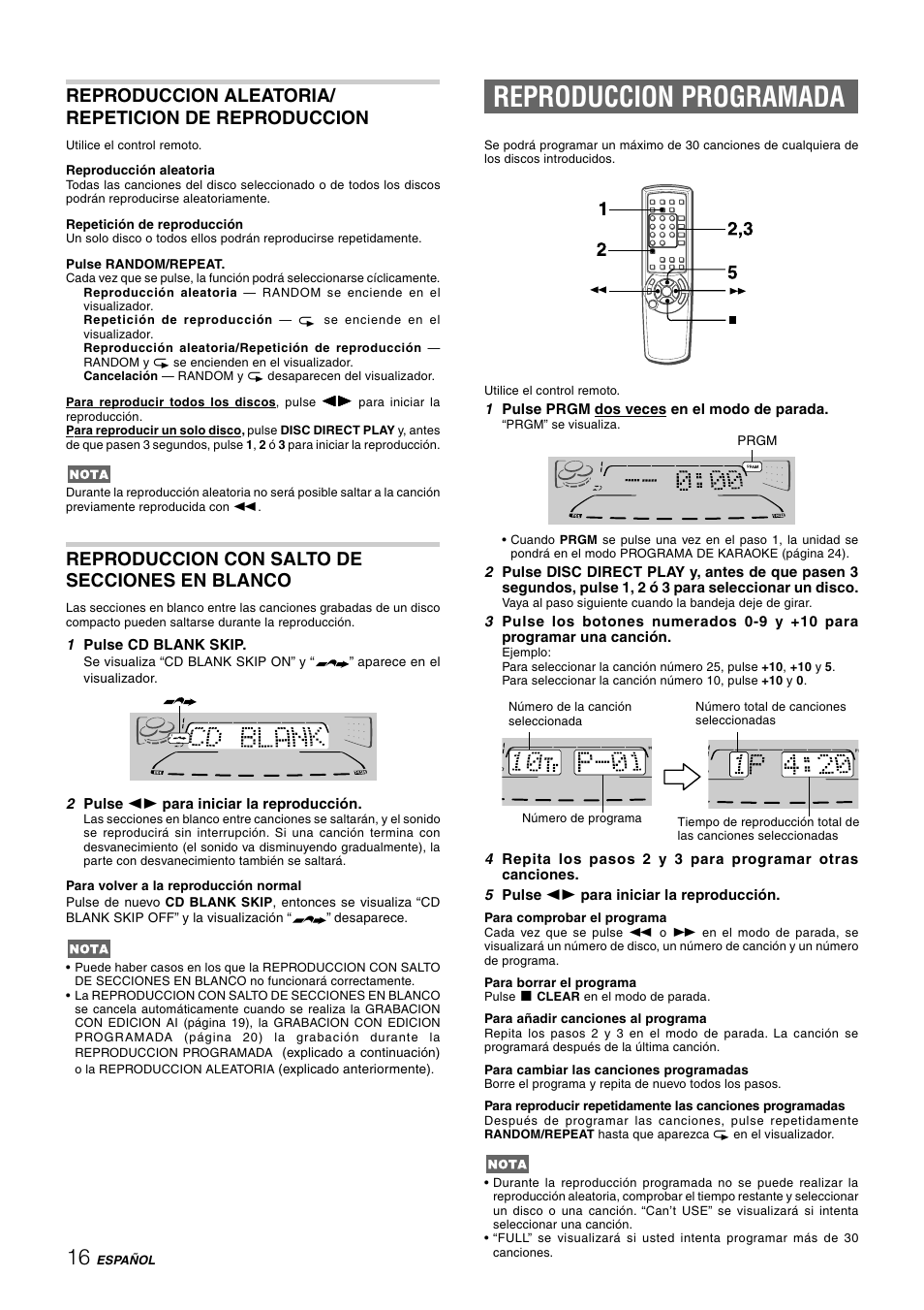 Reproduccion programada, Reproduccion aleatoria/ repeticion de reproduccion, Reproduccion con salto de secciones en blanco | Aiwa CX-NHMT75 User Manual | Page 47 / 92