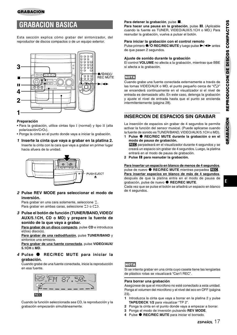 Grabacion basica, Insercion de espacios sin grabar | Aiwa CX-NHMT75 User Manual | Page 48 / 92