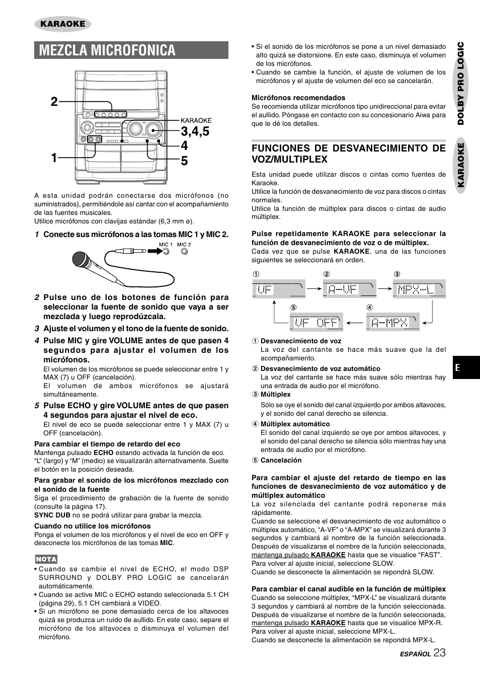 Mezcla microfonica, Efunciones de desvanecimiento de voz/multiplex | Aiwa CX-NHMT75 User Manual | Page 54 / 92