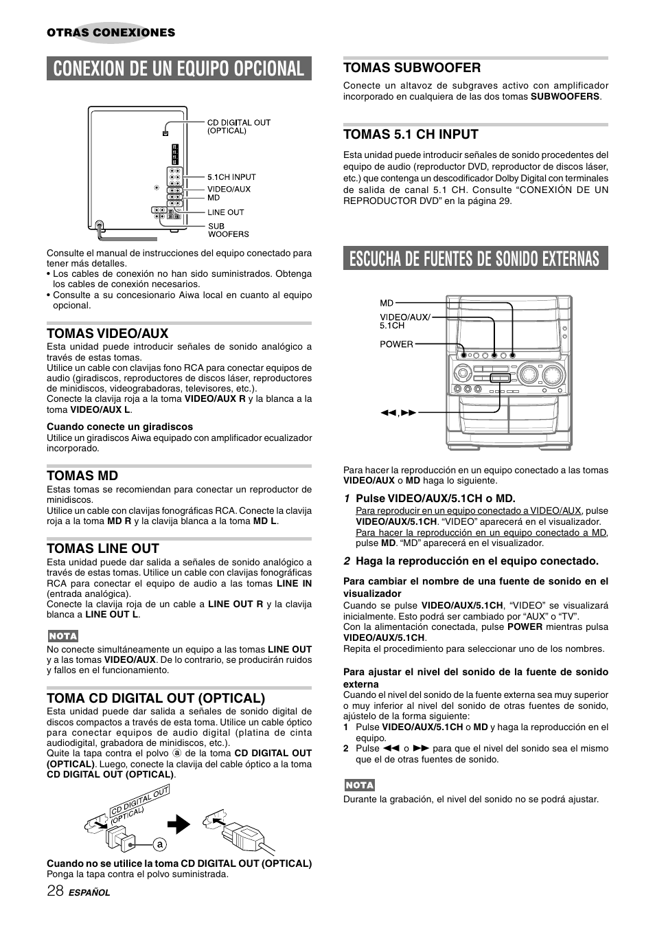 Conexion de un equipo opcional, Escucha de fuentes de sonido externas, Tomas video/aux | Tomas md, Tomas line out, Toma cd digital out (optical), Tomas subwoofer, Tomas 5.1 ch input | Aiwa CX-NHMT75 User Manual | Page 59 / 92