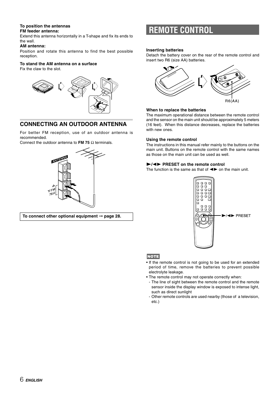 Remote control, Connecting an outdoor antenna | Aiwa CX-NHMT75 User Manual | Page 6 / 92