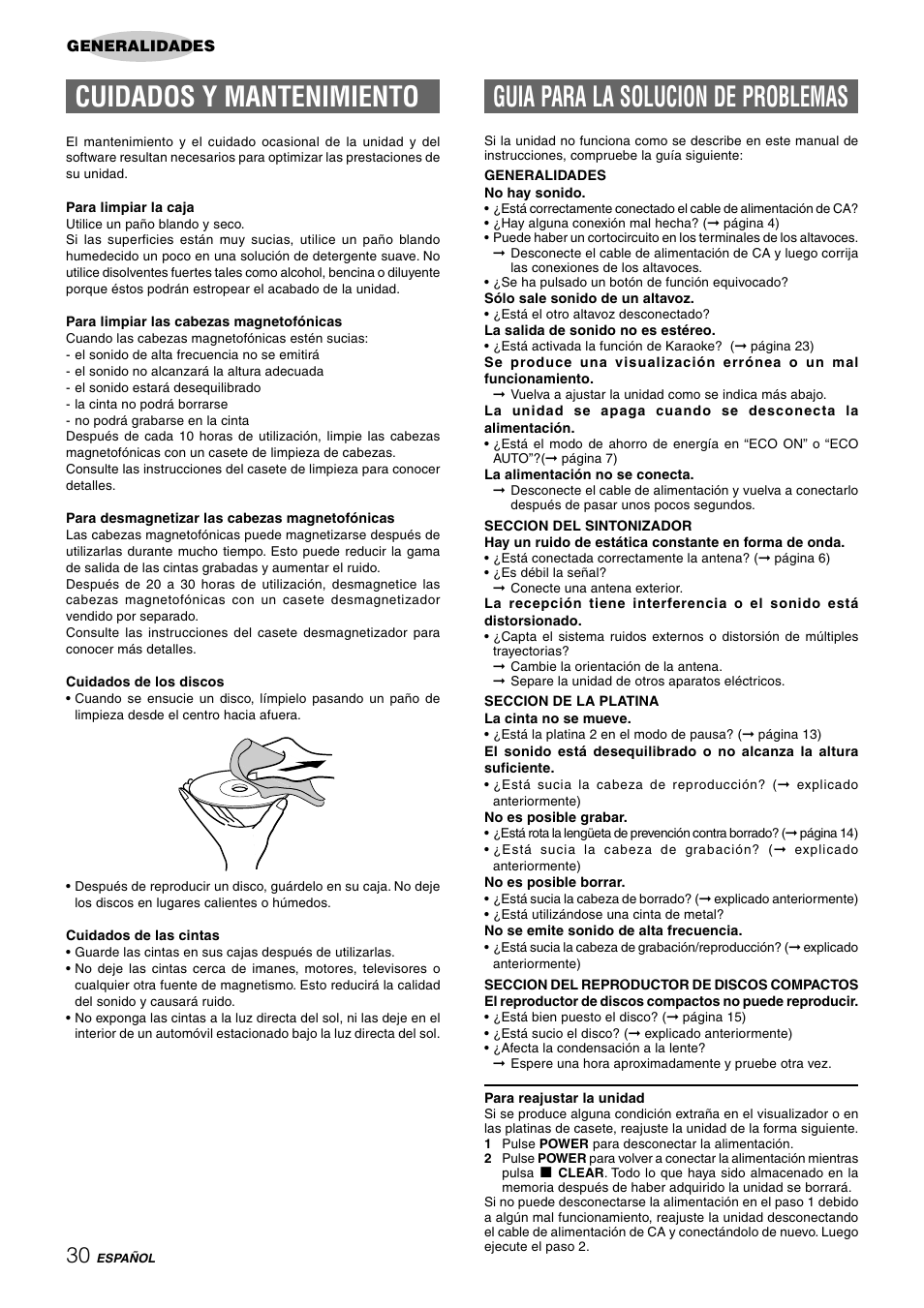 Cuidados y mantenimiento, Guia para la solucion de problemas | Aiwa CX-NHMT75 User Manual | Page 61 / 92