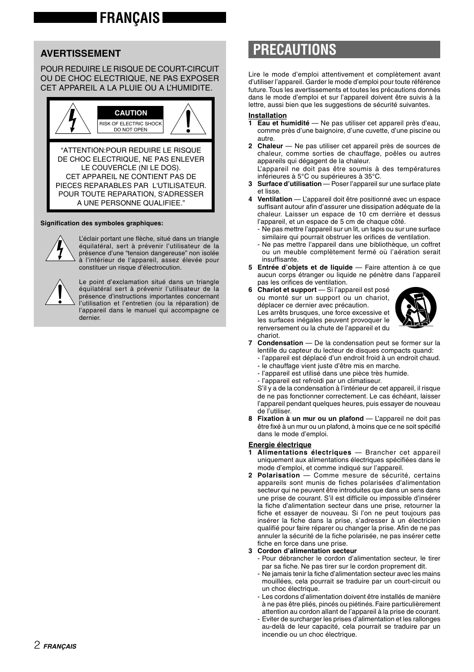 Precautions, Français, Avertissement | Aiwa CX-NHMT75 User Manual | Page 63 / 92