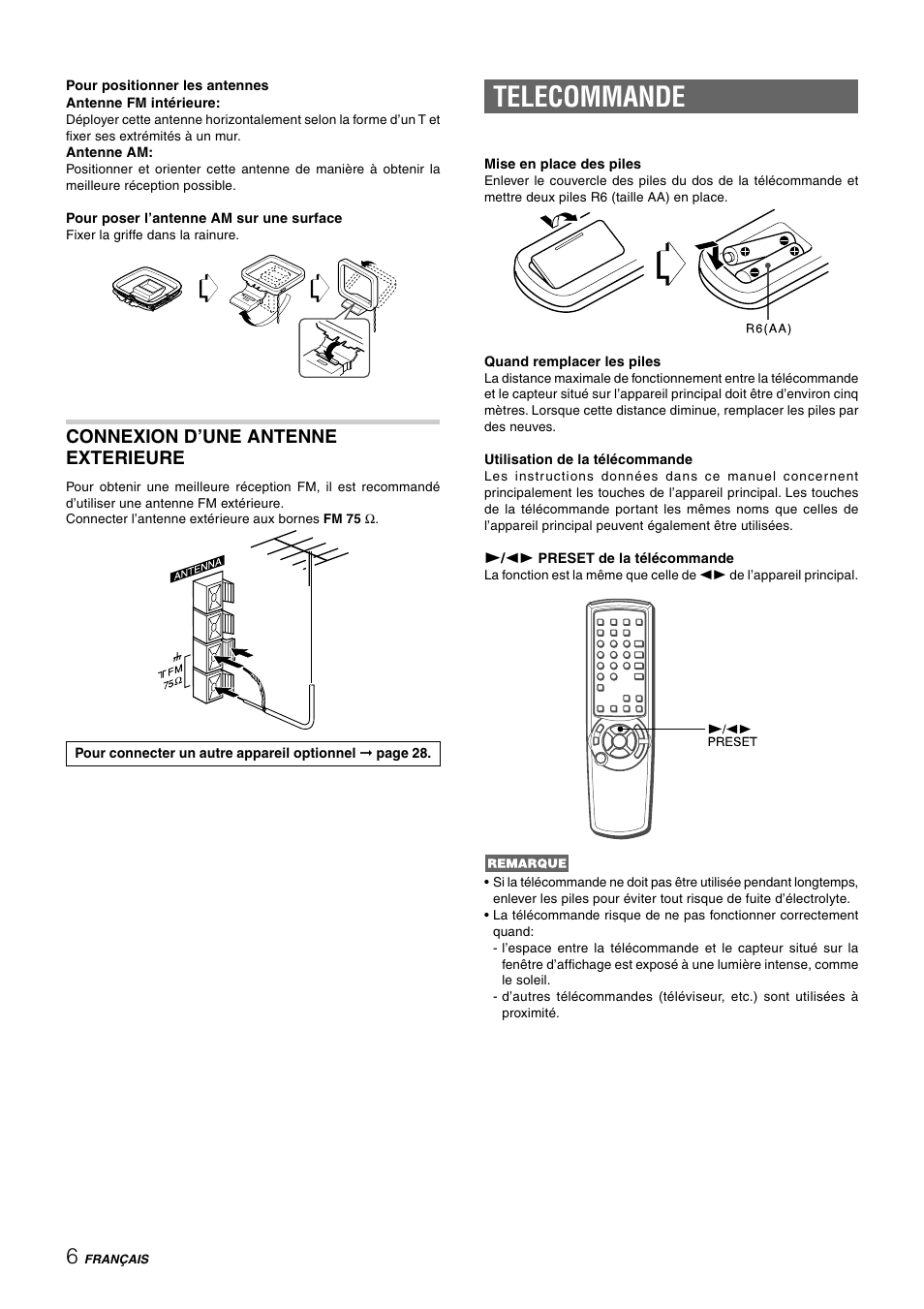 Telecommande, Connexion d’une antenne exterieure | Aiwa CX-NHMT75 User Manual | Page 67 / 92