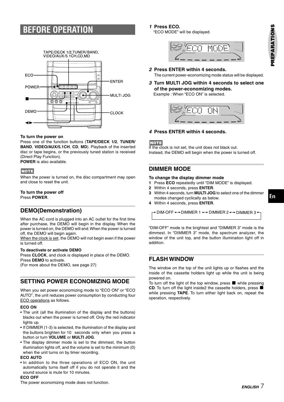 Before operation, Demo(demonstration), Setting power economizing mode | Dimmer mode, Flash window | Aiwa CX-NHMT75 User Manual | Page 7 / 92