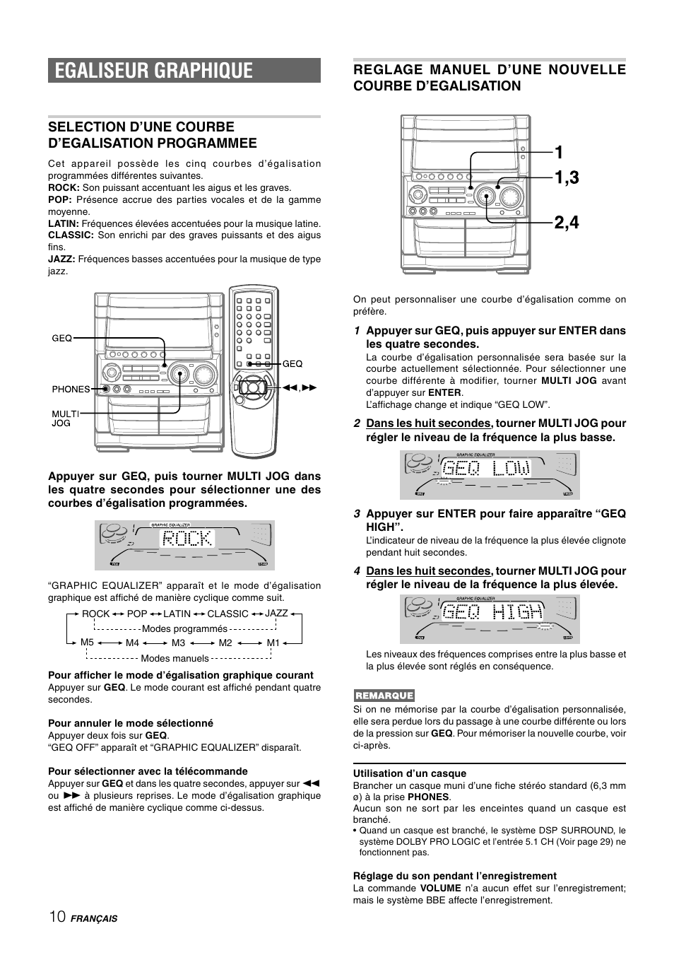 Egaliseur graphique, Reglage manuel d’une nouvelle courbe d’egalisation, Selection d’une courbe d’egalisation programmee | Aiwa CX-NHMT75 User Manual | Page 71 / 92