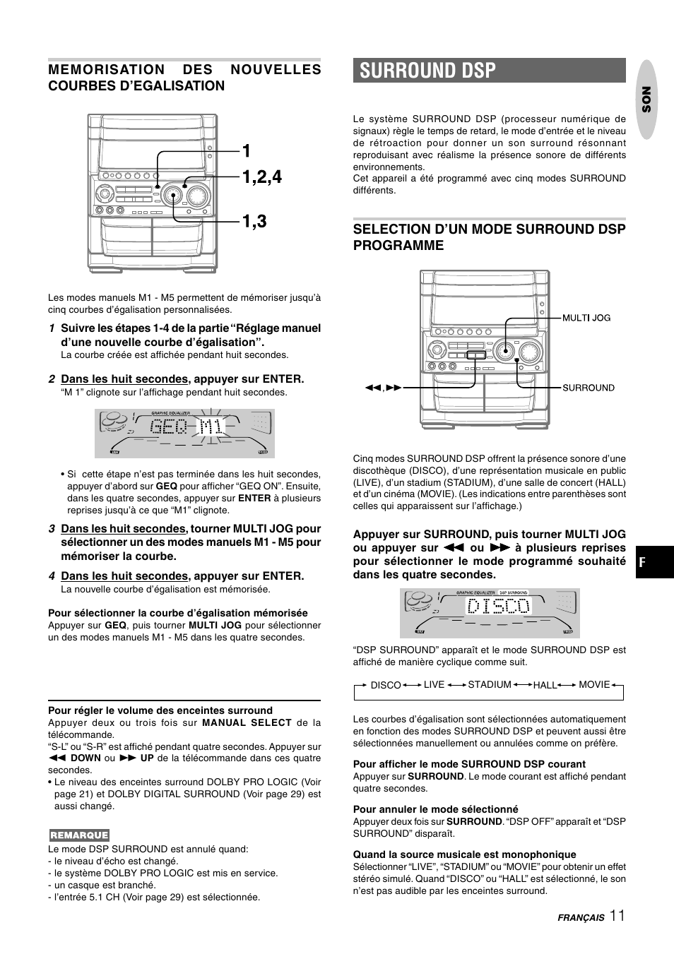 Surround dsp, Selection d’un mode surround dsp programme | Aiwa CX-NHMT75 User Manual | Page 72 / 92