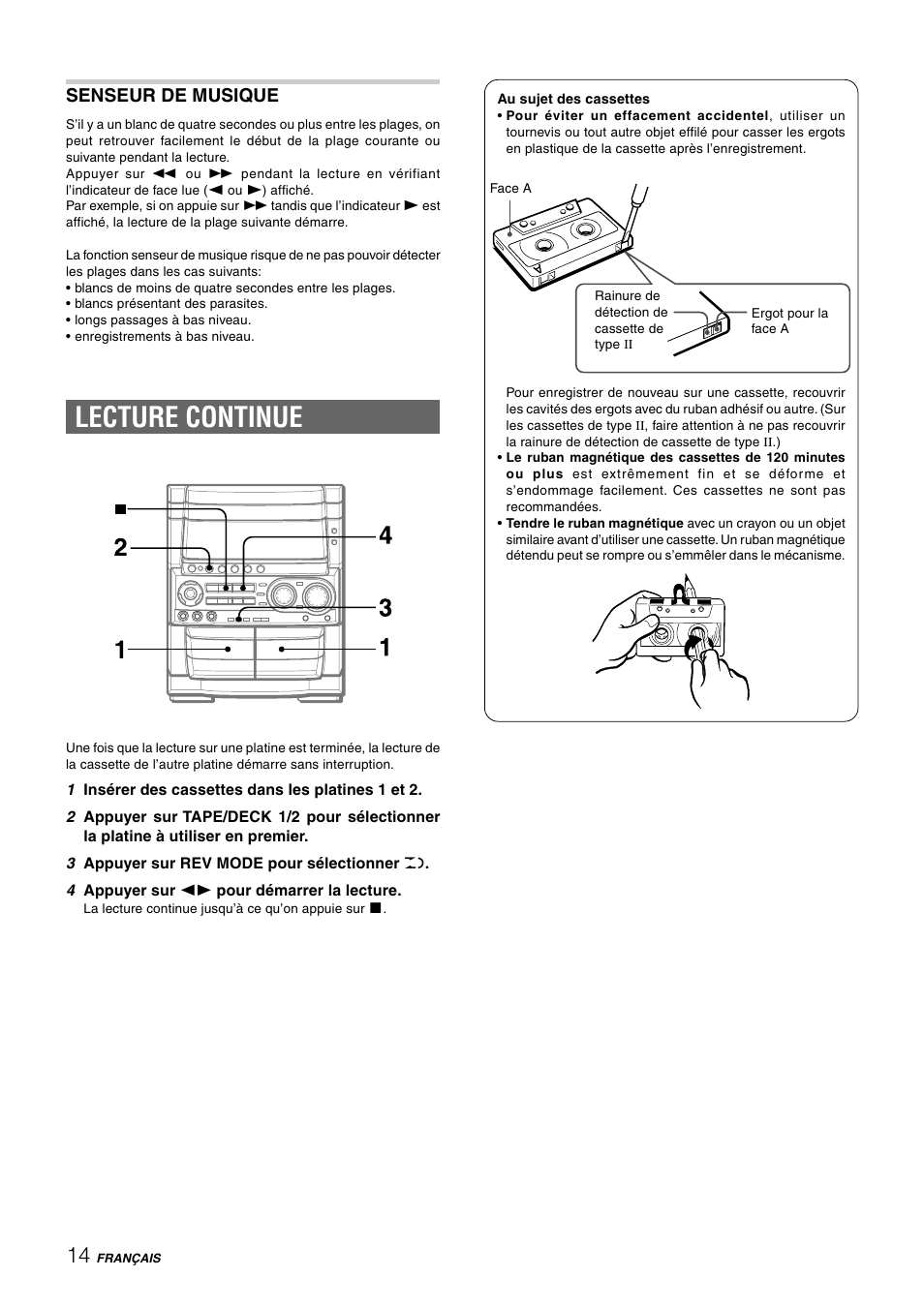 Lecture continue, Senseur de musique | Aiwa CX-NHMT75 User Manual | Page 75 / 92