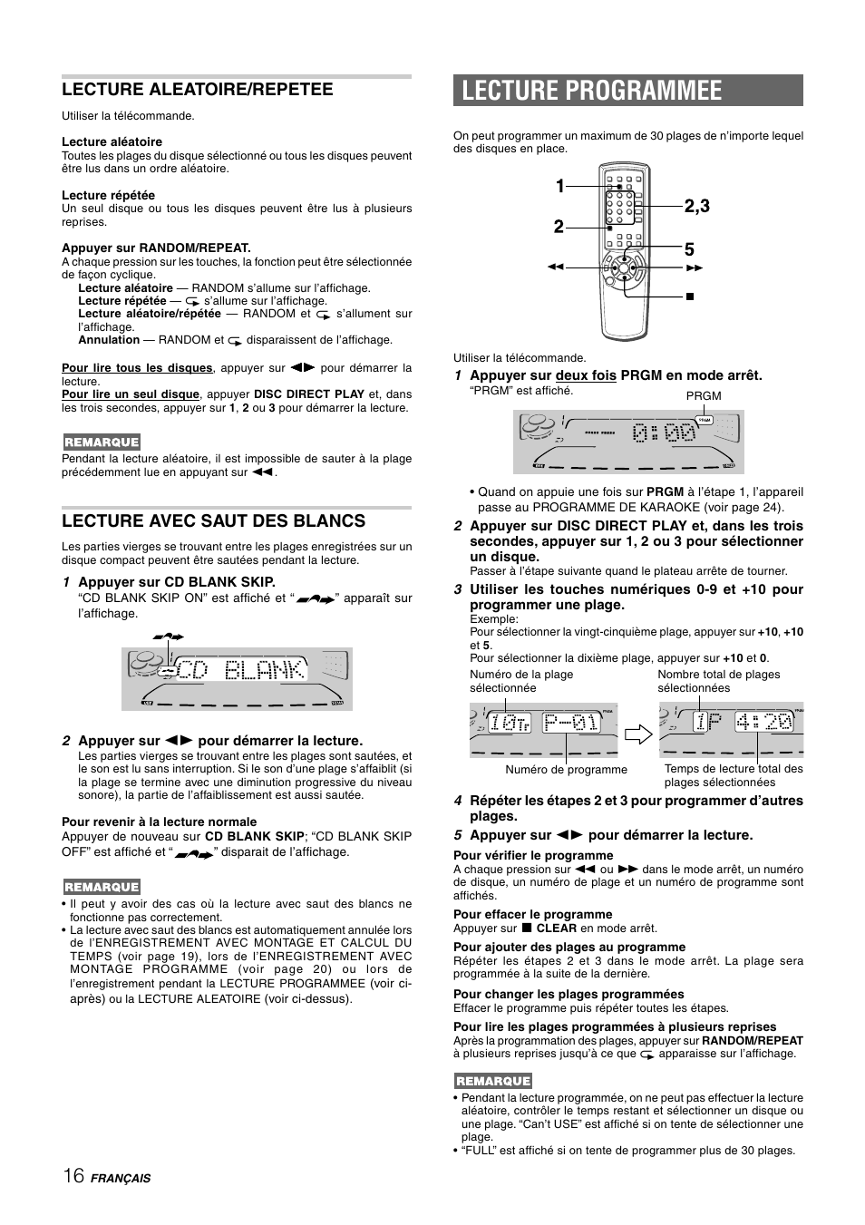 Lecture programmee, Lecture aleatoire/repetee, Lecture avec saut des blancs | Aiwa CX-NHMT75 User Manual | Page 77 / 92