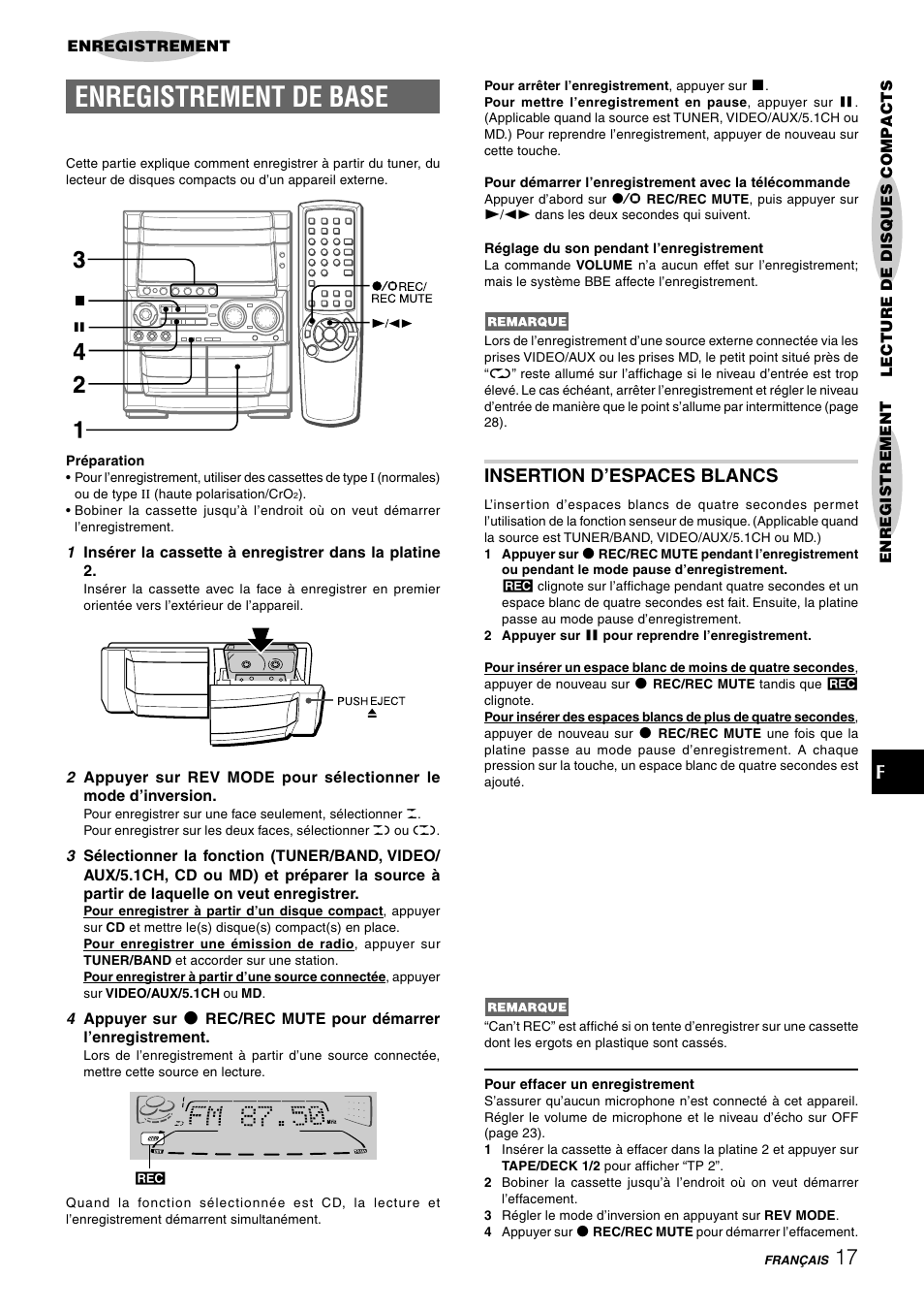 Enregistrement de base, Insertion d’espaces blancs | Aiwa CX-NHMT75 User Manual | Page 78 / 92