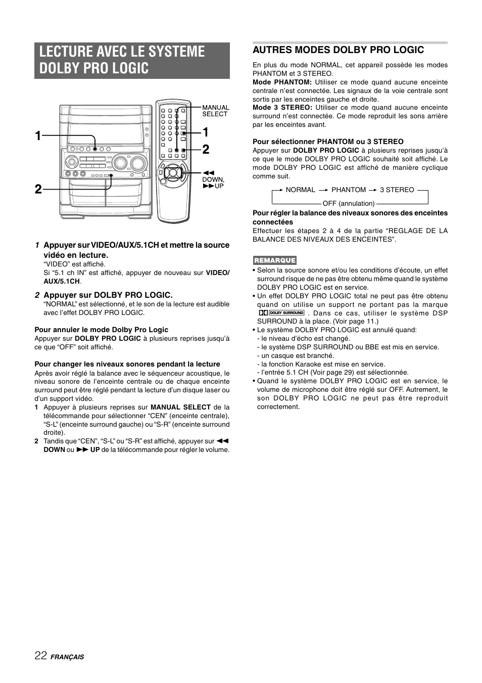 Lecture avec le systeme dolby pro logic, Autres modes dolby pro logic | Aiwa CX-NHMT75 User Manual | Page 83 / 92