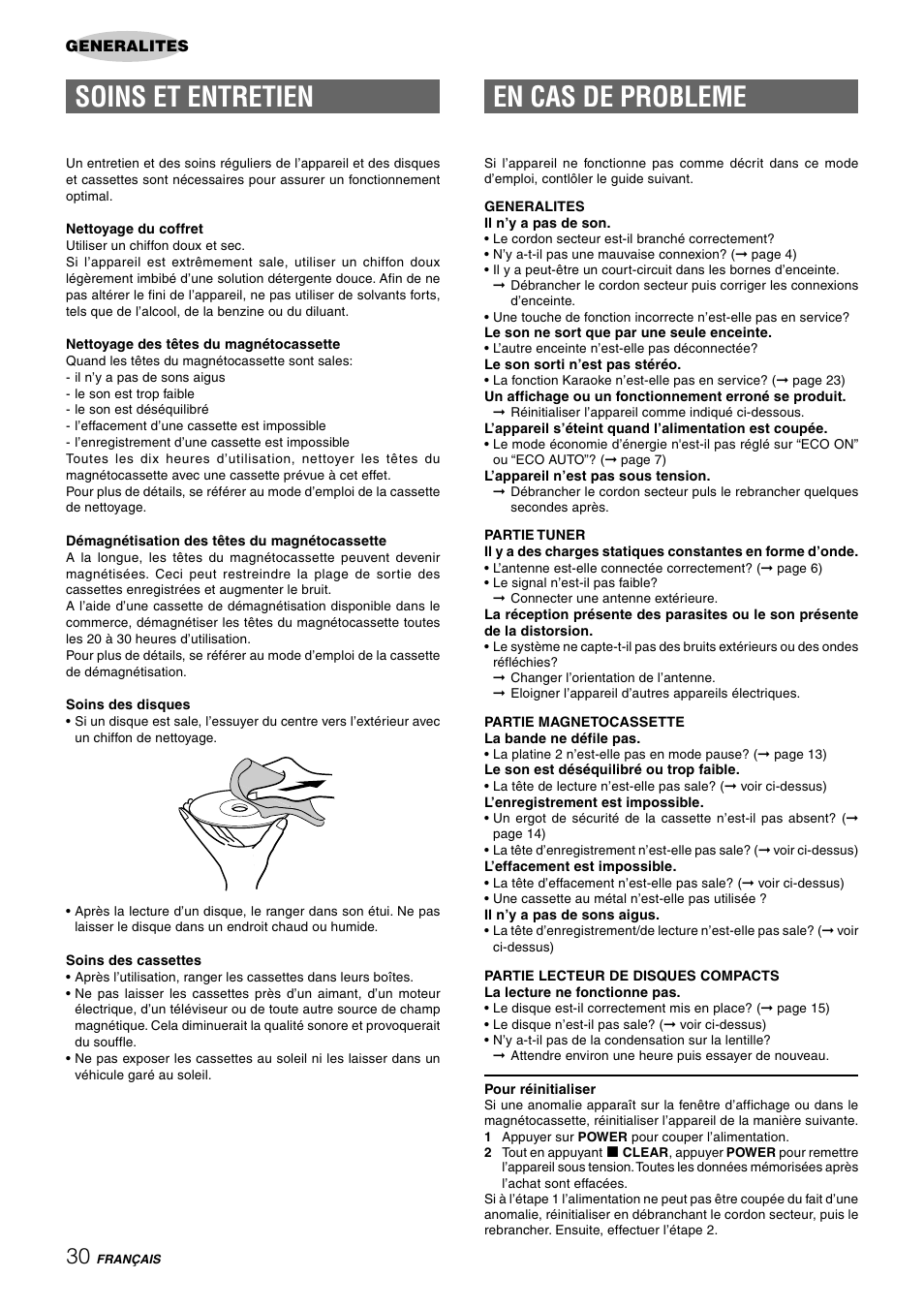 Soins et entretien, En cas de probleme | Aiwa CX-NHMT75 User Manual | Page 91 / 92