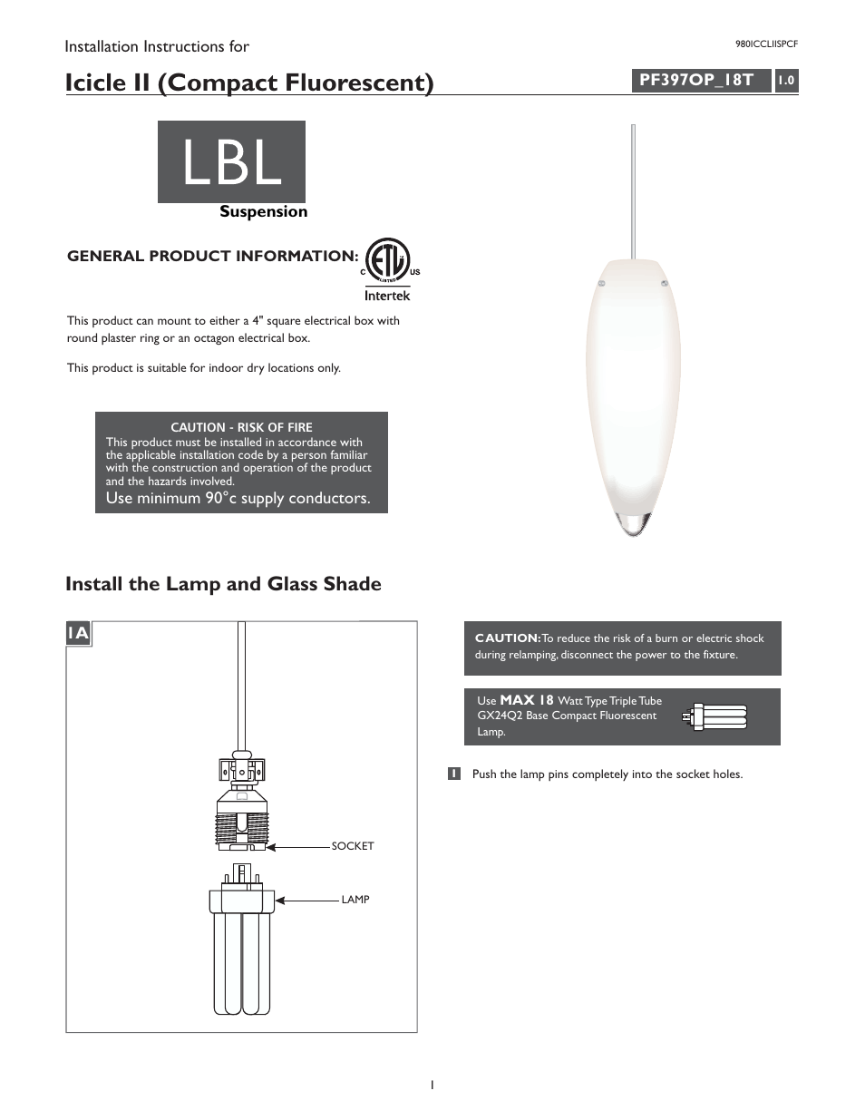 LBL Lighting Icicle II SPCF User Manual | 2 pages