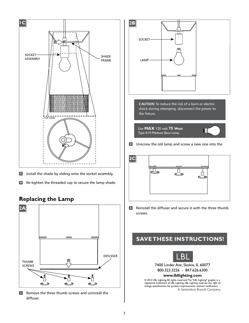 Replacing the lamp, Save these instructions | LBL Lighting Hollywood Beach Long  S User Manual | Page 2 / 2