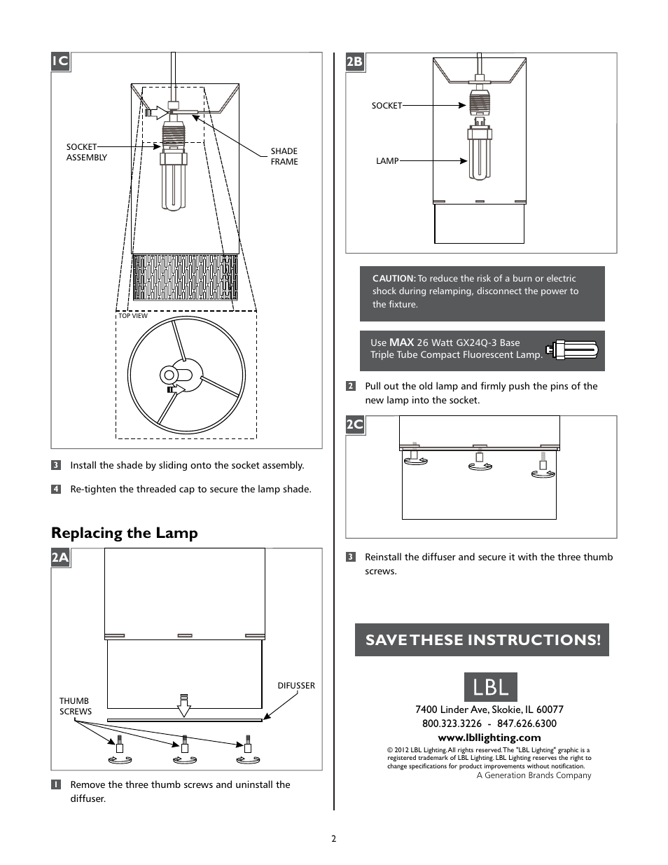 Replacing the lamp, Save these instructions | LBL Lighting Hollywood Beach Long  SCF User Manual | Page 2 / 2