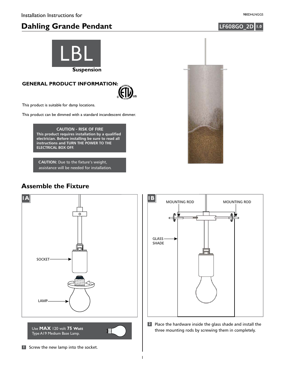 LBL Lighting Dahling Grande GS User Manual | 2 pages