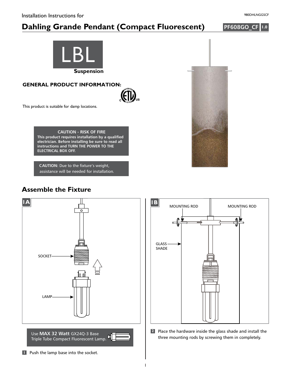 LBL Lighting Dahling Grande GSCF User Manual | 2 pages