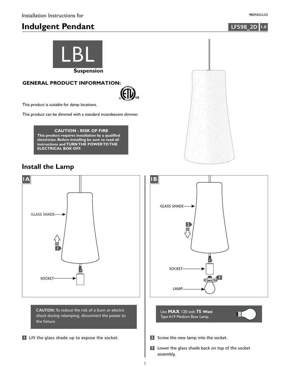 LBL Lighting Indulgent GS User Manual | 2 pages