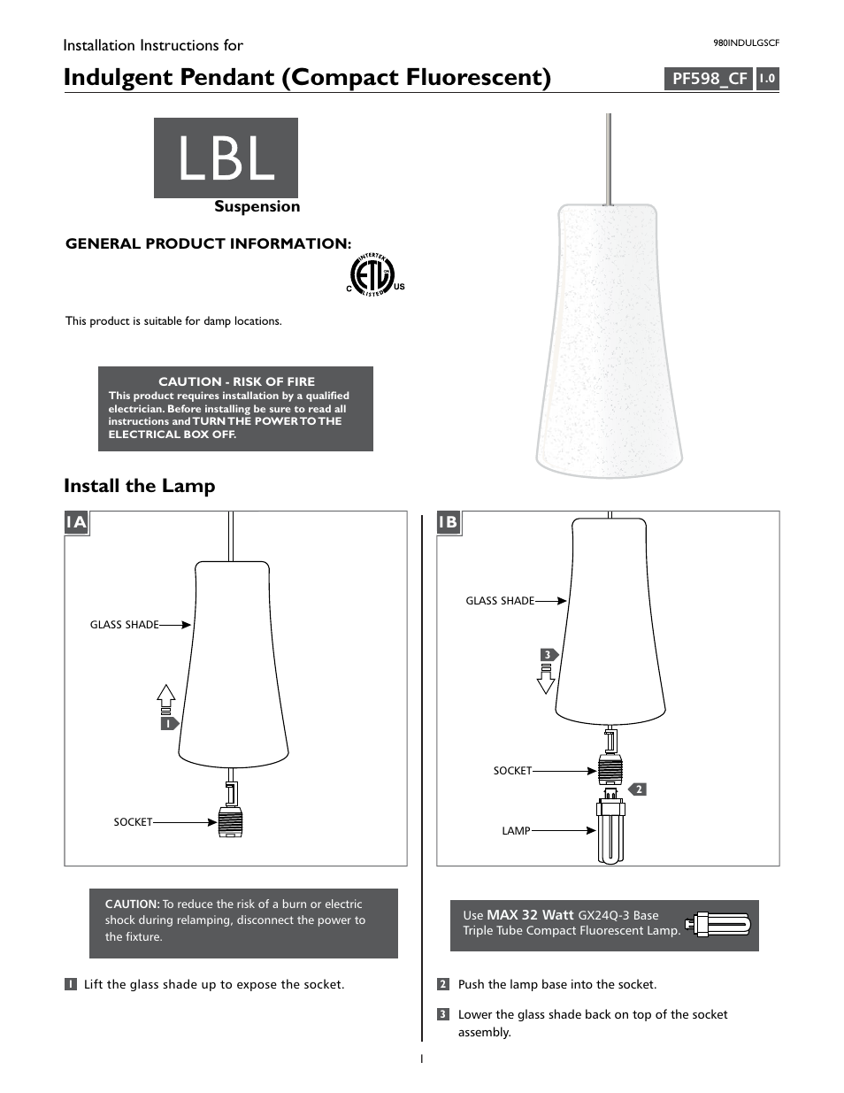 LBL Lighting Indulgent GSCF User Manual | 2 pages