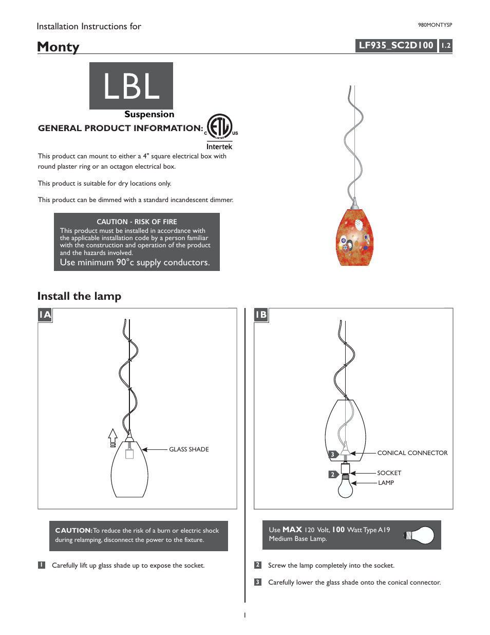 LBL Lighting Monty SP User Manual | 2 pages