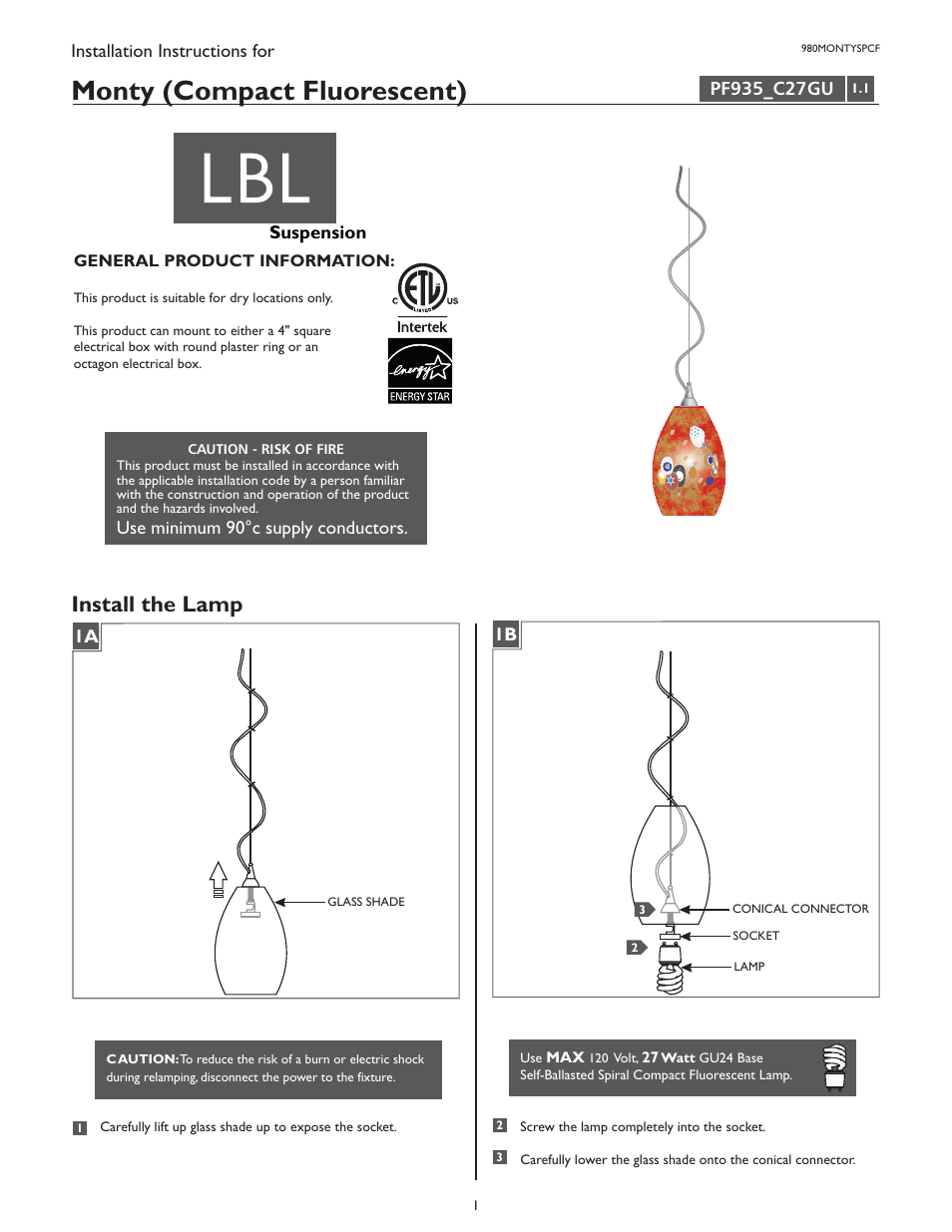 LBL Lighting Monty SPCF User Manual | 2 pages