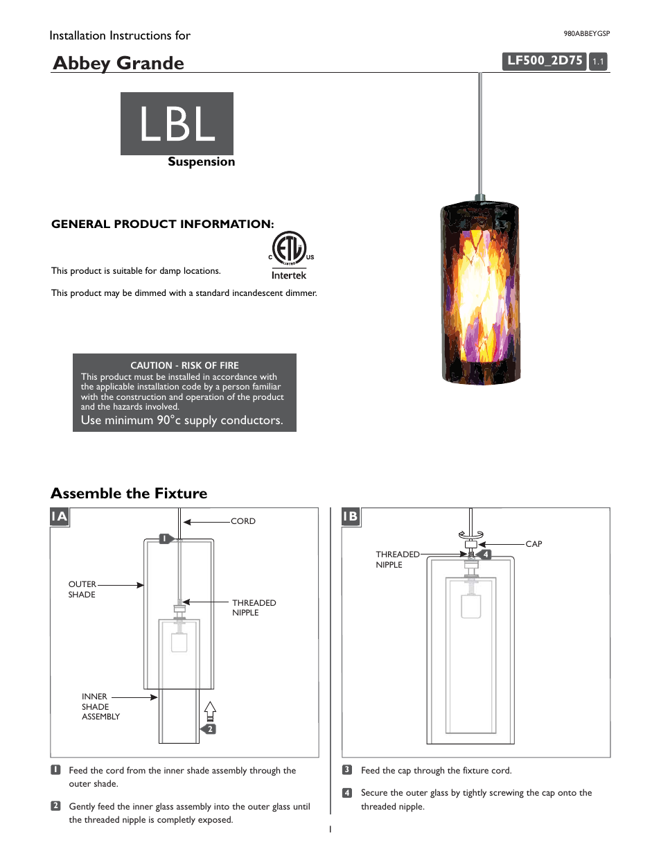 LBL Lighting Abbey Grande SP User Manual | 2 pages