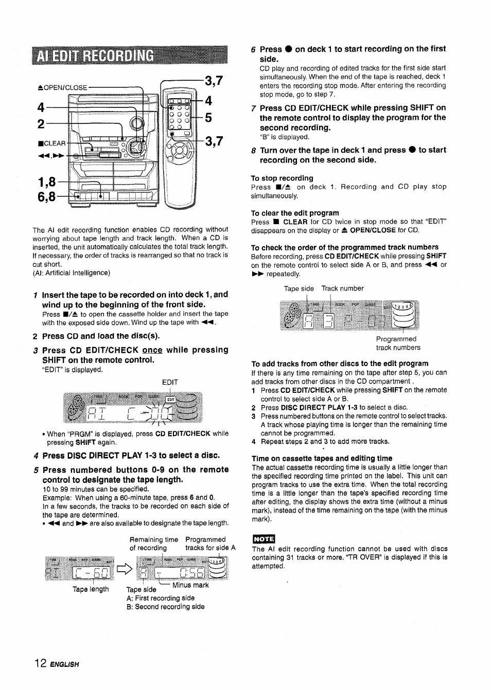 To stop recording, To clear the edit program, To check the order of the programmed track numbers | To add tracks from other discs to the edit program, Time on cassette tapes and editing time | Aiwa NSX-A115 User Manual | Page 12 / 56