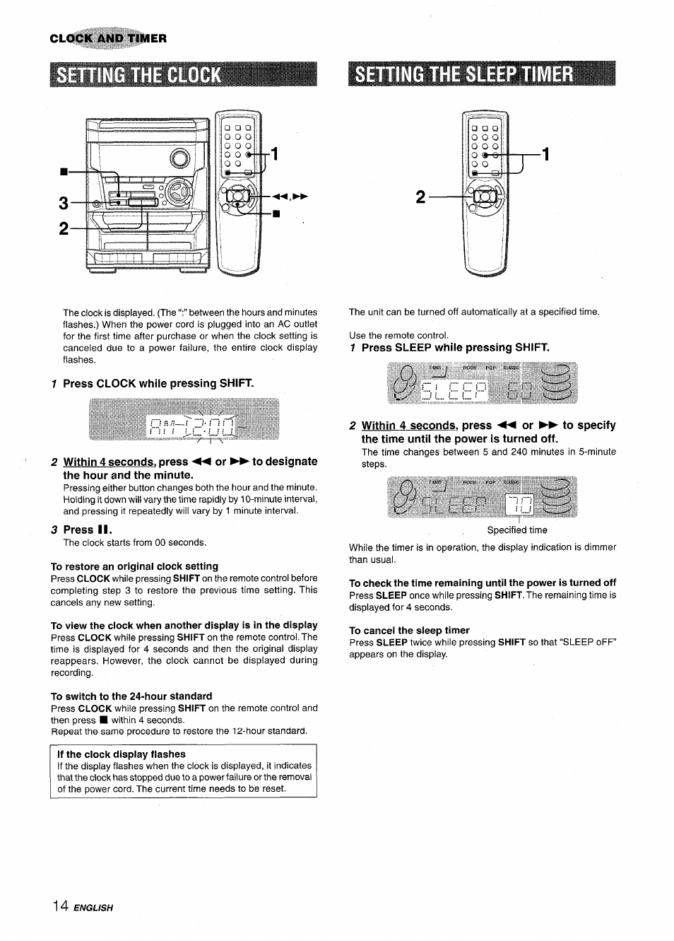 Clock and timer, Setting the sleep time, 1 press clock while pressing shift | 1 press sleep while pressing shift, 3 press ii, To switch to the 24-hour standard, If the clock display flashes, To cancel the sleep timer, Setting the sleep timer | Aiwa NSX-A115 User Manual | Page 14 / 56