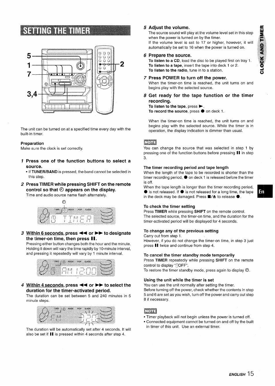 Preparation, The timer recording period and tape length, To check the timer setting | To change any of the previous setting, To cancel the timer standby mode temporarily, Using the unit while the timer is set | Aiwa NSX-A115 User Manual | Page 15 / 56