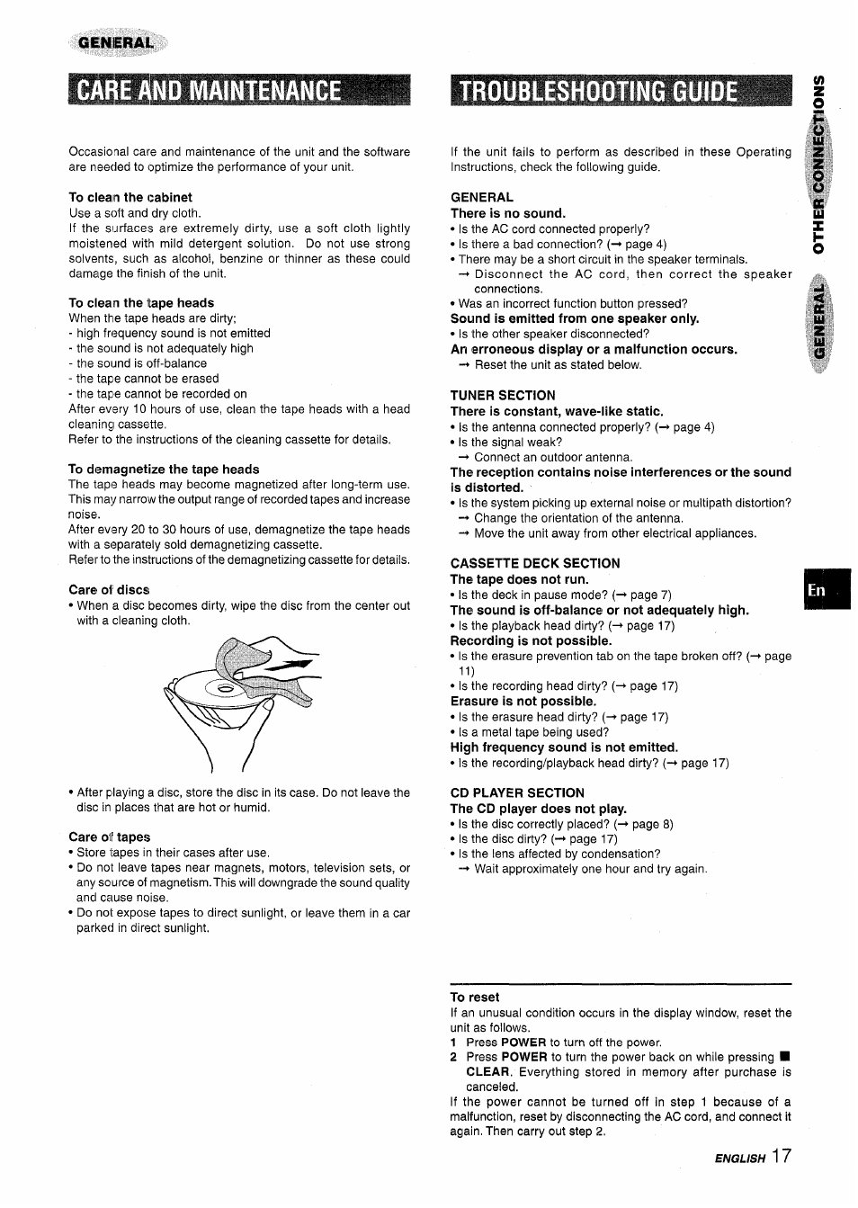 Genierai, Care and maintenance, To clean the cabinet | To clean the tape heads, To demagnetize the tape heads, Care of discs, Care of tapes, Troubleshooting guio, General there is no sound, Tuner section | Aiwa NSX-A115 User Manual | Page 17 / 56