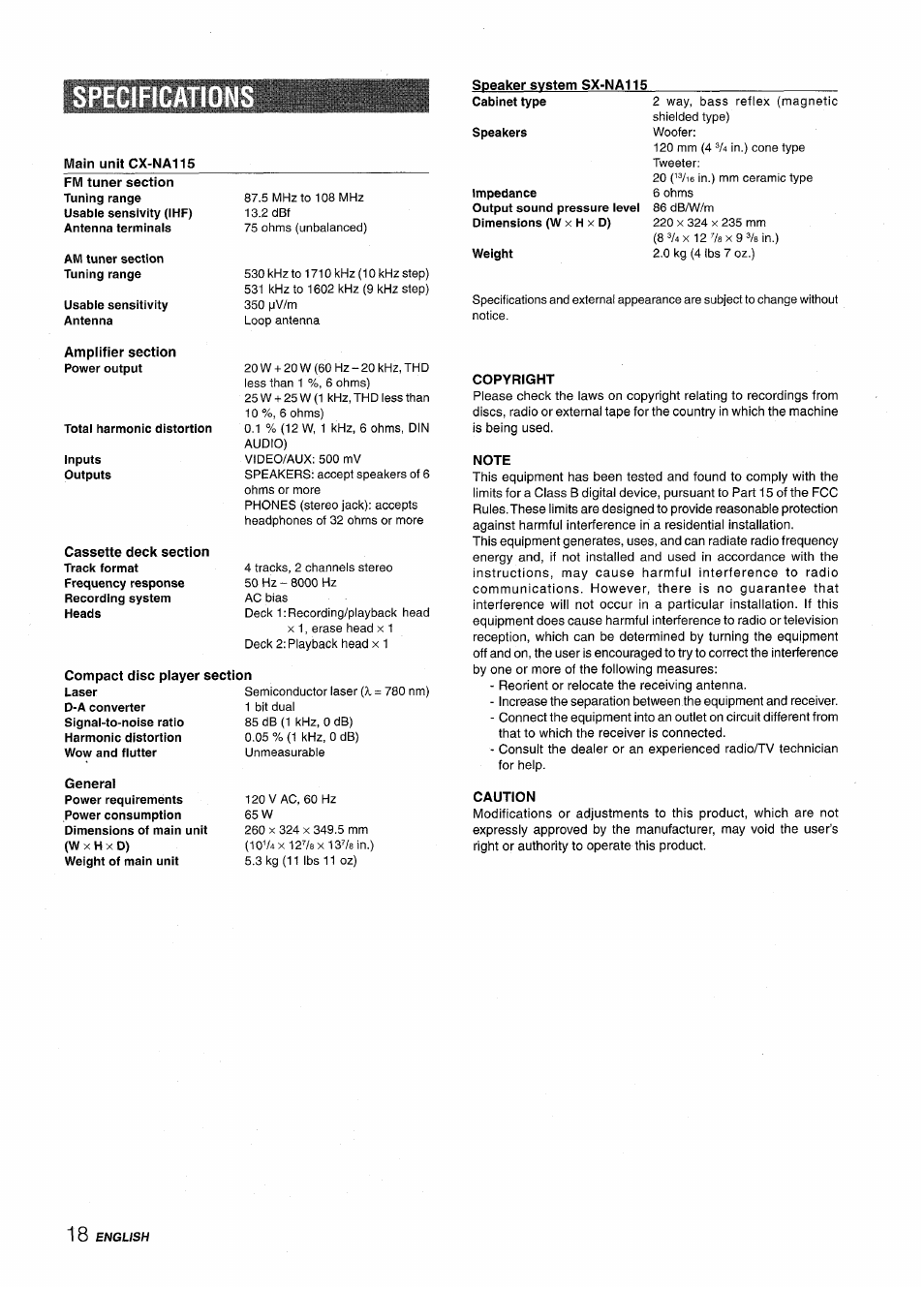 Speaker system sx-na115, Copyright, Note | Caution, Specificatio | Aiwa NSX-A115 User Manual | Page 18 / 56