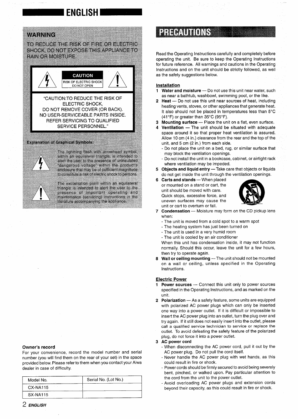 English, Warning, Precautions | Caution, Installation, Owner’s record, Electric power, 3 ac power cord | Aiwa NSX-A115 User Manual | Page 2 / 56