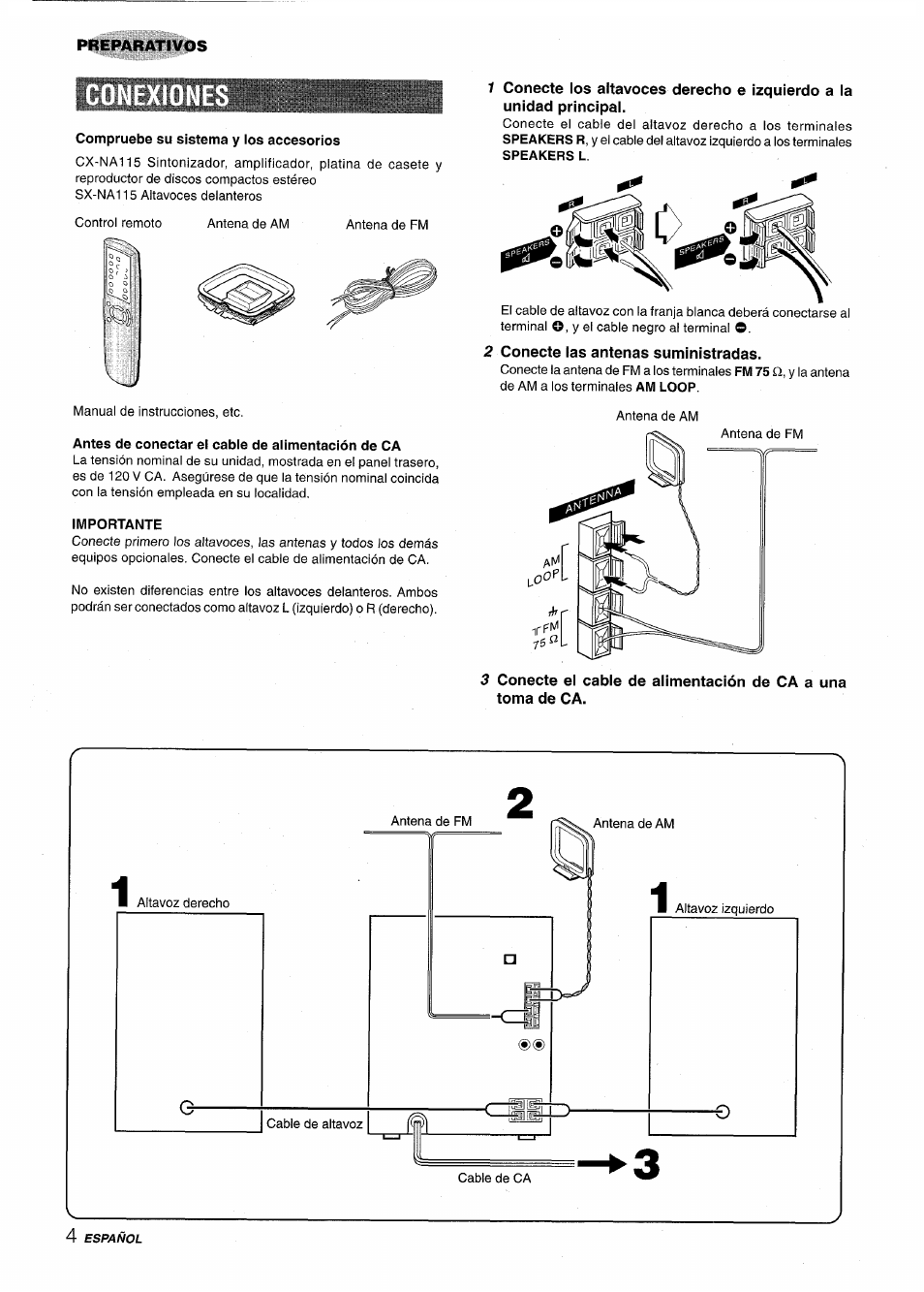Preparativos, Compruebe su sistema y los accesorios, Antes de conectar el cable de alimentación de ca | Importante, 2 conecte las antenas suministradas | Aiwa NSX-A115 User Manual | Page 22 / 56