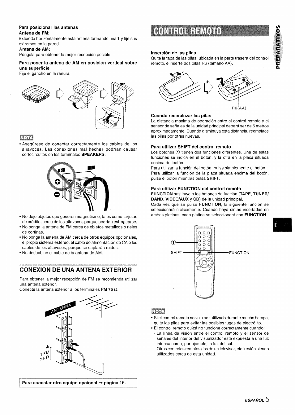 Para posicionar las antenas antena de fm, Amtena de am, Conexion de una antena exterior | Inserción de ias piias, Cuándo reemplazar las pilas, Para utilizar shift del control remoto | Aiwa NSX-A115 User Manual | Page 23 / 56