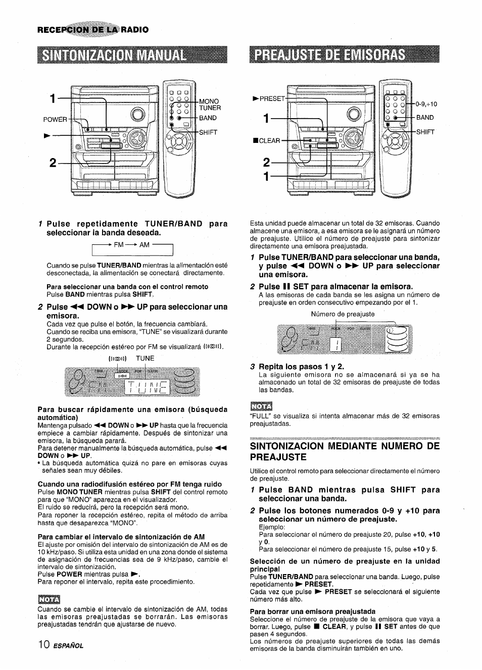 Reajuste de emisor, Para cambiar el intervalo de sintonización de am, Sintonizacion mediante numero de preajuste | Aiwa NSX-A115 User Manual | Page 28 / 56