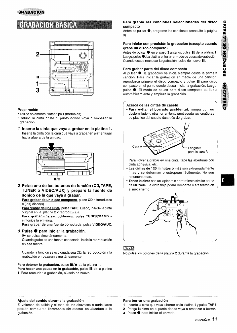 Preparación, 3 pulse • para iniciar ia grabación, Para grabar parte dei disco compacto | Acerca de ias cintas de casete, Ajuste dei sonido durante ia grabación, Para borrar una grabación | Aiwa NSX-A115 User Manual | Page 29 / 56