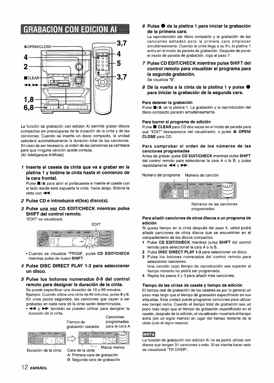Grabacion con edicio, Para detener la grabación, Tiempo de ias cintas de casete y tiempo de edición | Aiwa NSX-A115 User Manual | Page 30 / 56