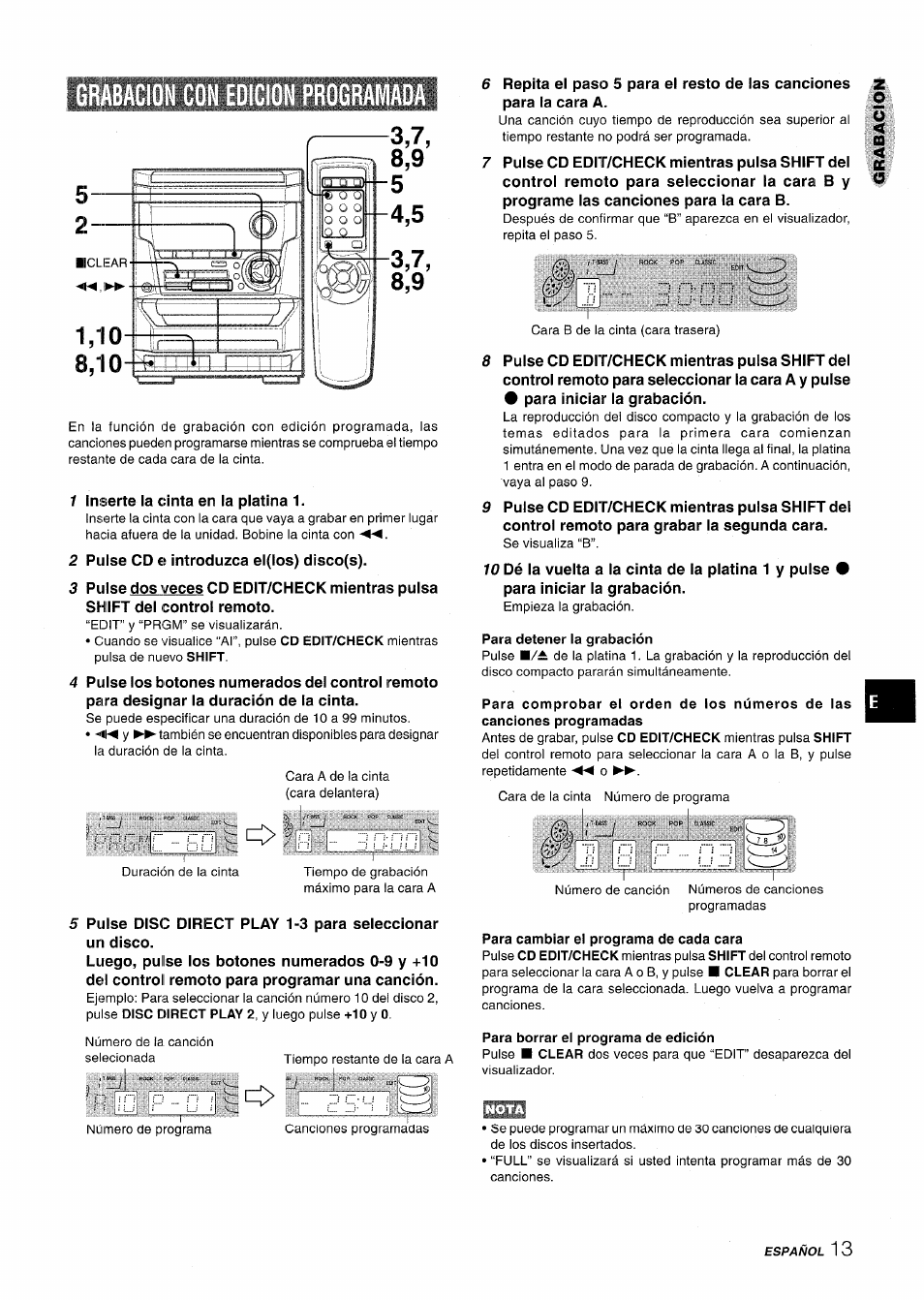 Grabacion con eoicion programada, Para detener la grabación, Para cambiar el programa de cada cara | Para borrar el programa de edición | Aiwa NSX-A115 User Manual | Page 31 / 56