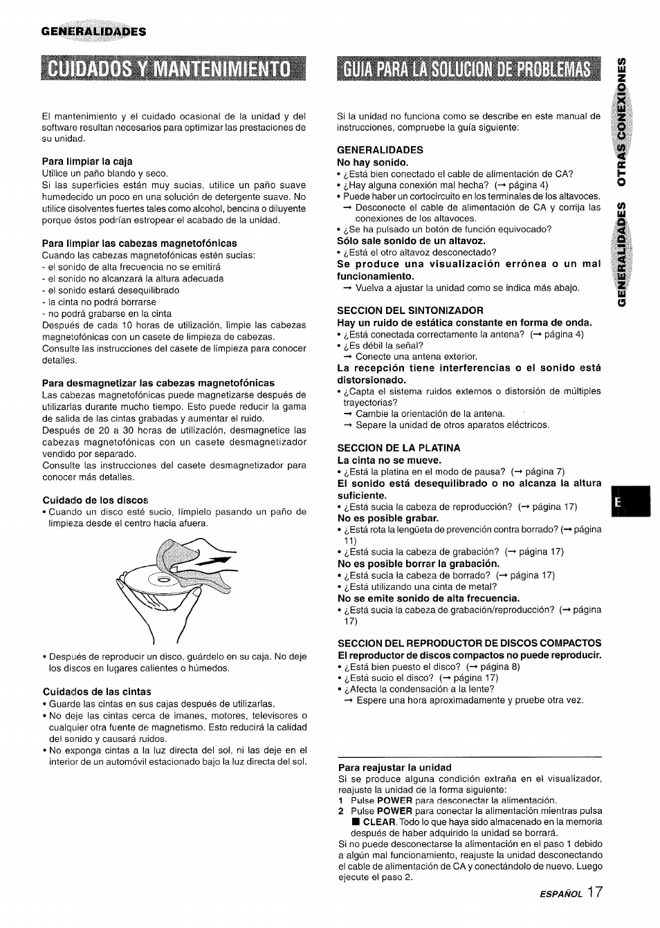Genüralidades, Guia para la solucion de problem, Para limpiar la caja | Para limpiar las cabezas magnetofónicas, Para desmagnetizar las cabezas magnetofónicas, Cuidadlo de los discos, Cuidados de las cintas, Generalidades no hay sonido, Seccion del sintonizador, Seccion de la platina la cinta no se mueve | Aiwa NSX-A115 User Manual | Page 35 / 56