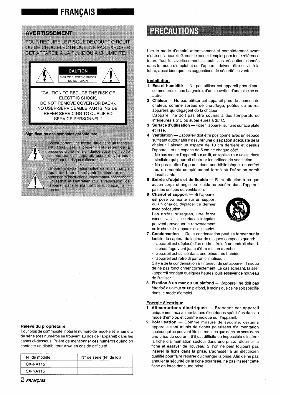 Français, Avertissement, Precaution | Installation, 6 chariot et support — si l’appareil, Relevé du propriétaire, Energie électrique, Ìbg||ilbìpli4hlilfìllbìibpjl | Aiwa NSX-A115 User Manual | Page 38 / 56