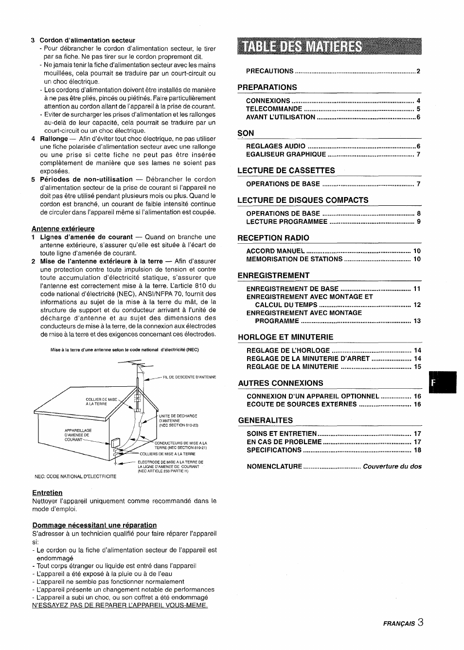 Antenne extérieure, Table des, Entretien | Dommage nécessitant une réparation | Aiwa NSX-A115 User Manual | Page 39 / 56